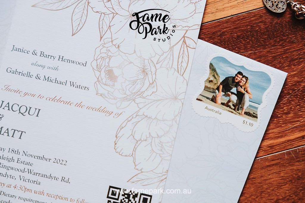 A wedding invitation that creatively incorporates a photo and QR code to engage guests.